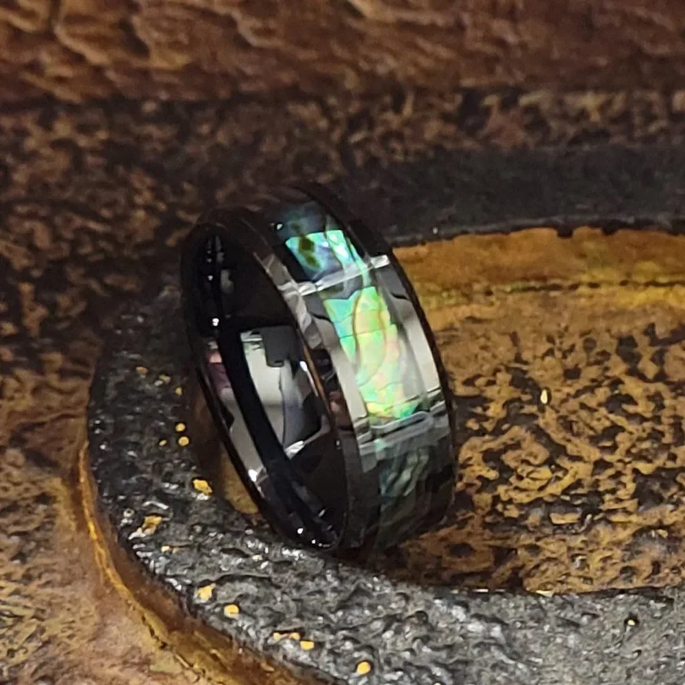 Personalized Engraved Men's Abalone Tungsten Wedding Ring or Promise ring